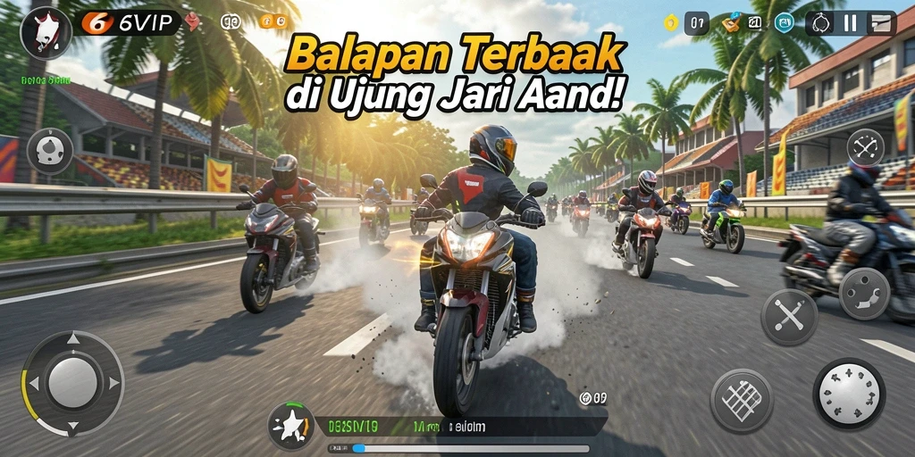 Tangkapan layar gameplay 6SVIP yang menampilkan balapan motor yang mendebarkan.