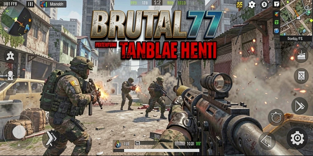 Screenshot gameplay BRUTAL77 menampilkan aksi menegangkan di medan perang.